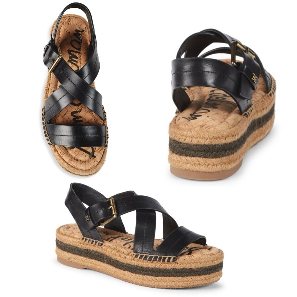 NIB SAM EDELMAN Aisling Black Leather Espadrille Platform Sandals Sz6 - Picture 2 of 11
